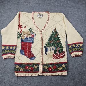 Vintage Tiara Sweater Womens 14/16 Cardigan Christmas Cat Stocking Xmas Tree 90s